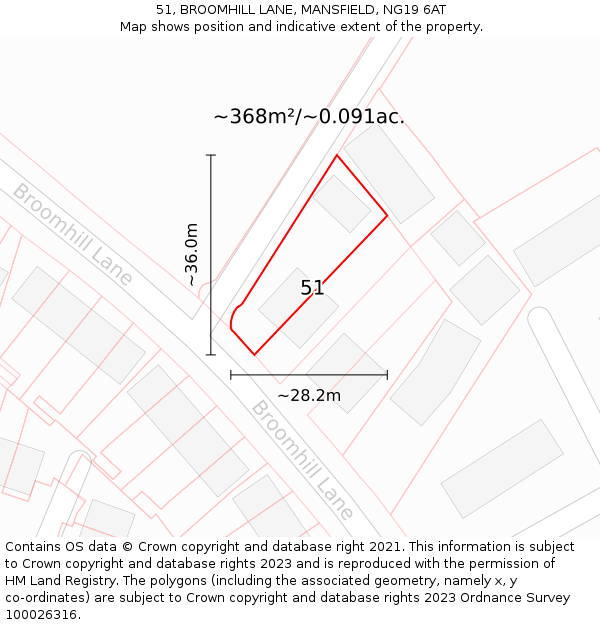 51, BROOMHILL LANE, MANSFIELD, NG19 6AT: Plot and title map