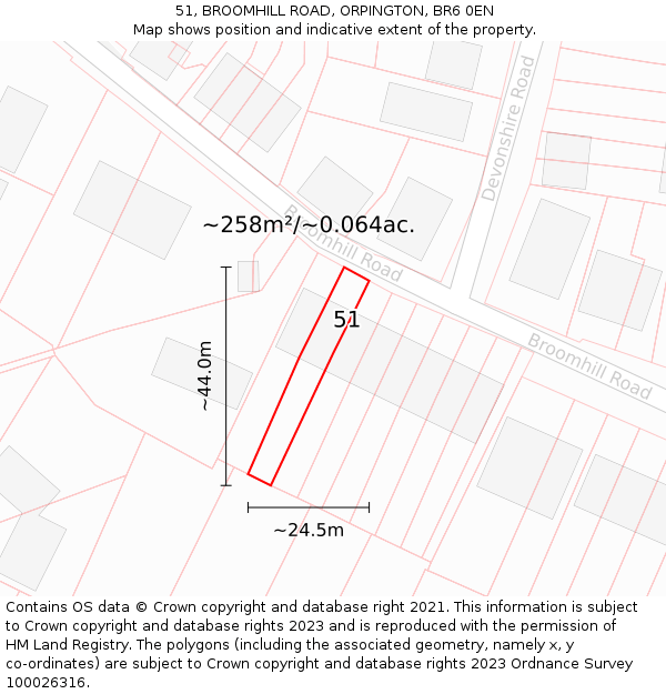 51, BROOMHILL ROAD, ORPINGTON, BR6 0EN: Plot and title map