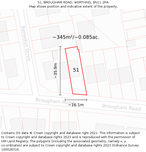 51, BROUGHAM ROAD, WORTHING, BN11 2PA: Plot and title map
