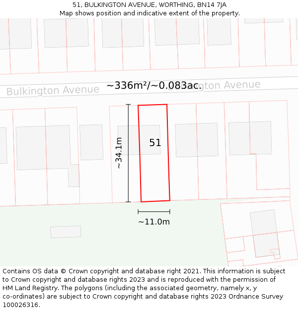 51, BULKINGTON AVENUE, WORTHING, BN14 7JA: Plot and title map