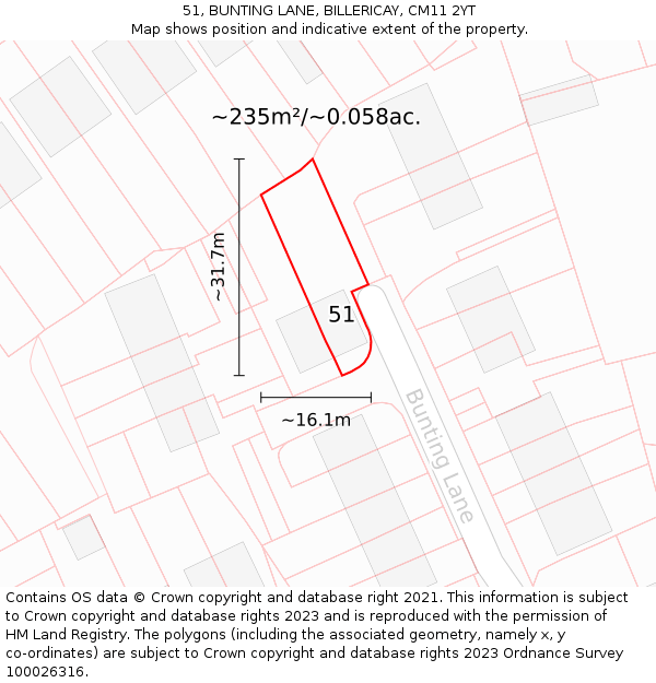 51, BUNTING LANE, BILLERICAY, CM11 2YT: Plot and title map