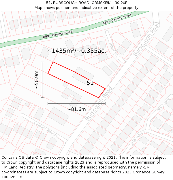 51, BURSCOUGH ROAD, ORMSKIRK, L39 2XE: Plot and title map