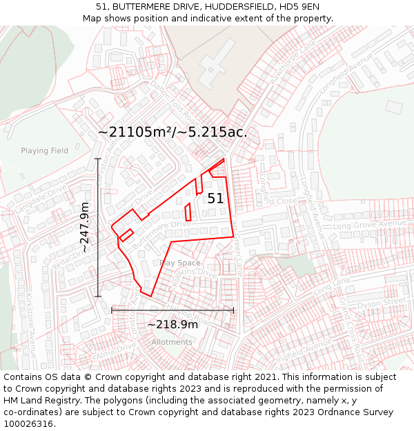 51, BUTTERMERE DRIVE, HUDDERSFIELD, HD5 9EN: Plot and title map