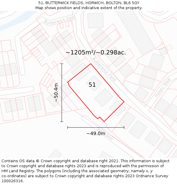 51, BUTTERWICK FIELDS, HORWICH, BOLTON, BL6 5GY: Plot and title map