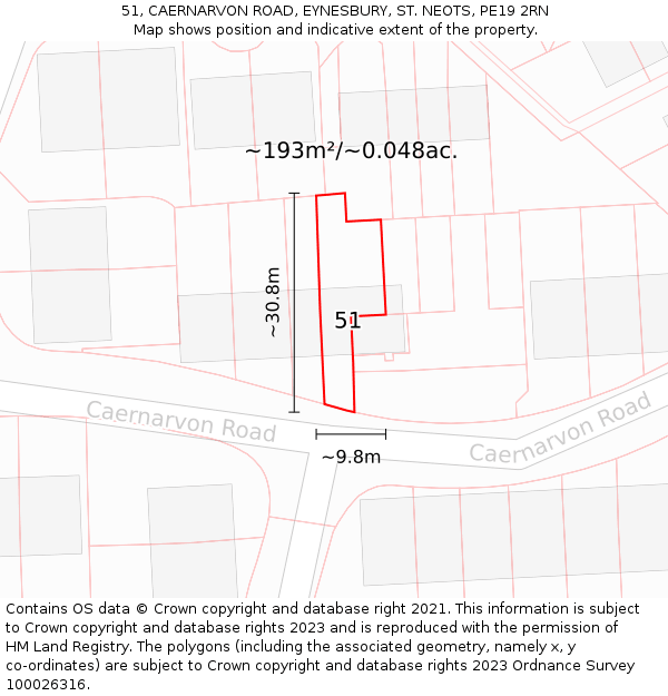 51, CAERNARVON ROAD, EYNESBURY, ST. NEOTS, PE19 2RN: Plot and title map