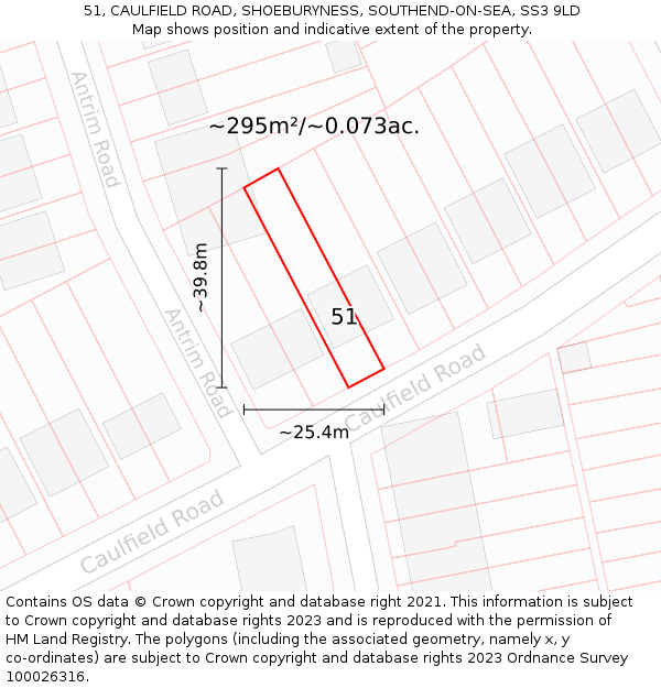 51, CAULFIELD ROAD, SHOEBURYNESS, SOUTHEND-ON-SEA, SS3 9LD: Plot and title map