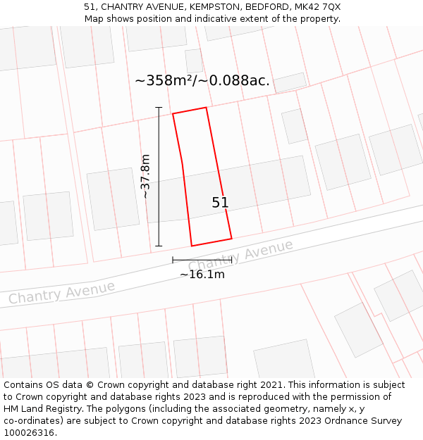 51, CHANTRY AVENUE, KEMPSTON, BEDFORD, MK42 7QX: Plot and title map