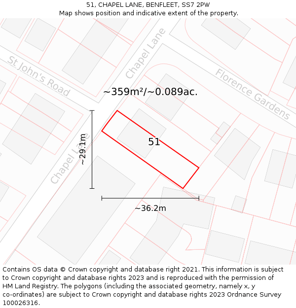 51, CHAPEL LANE, BENFLEET, SS7 2PW: Plot and title map