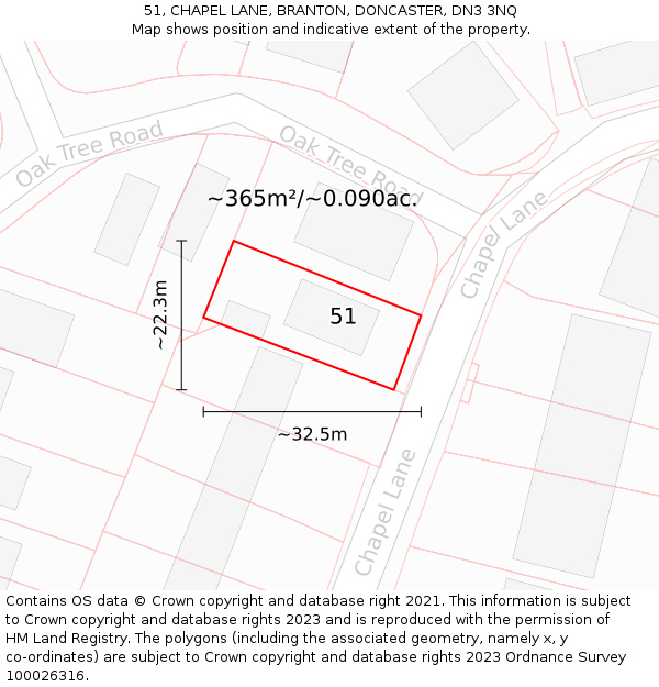 51, CHAPEL LANE, BRANTON, DONCASTER, DN3 3NQ: Plot and title map