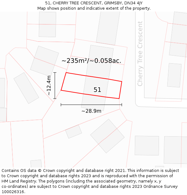 51, CHERRY TREE CRESCENT, GRIMSBY, DN34 4JY: Plot and title map