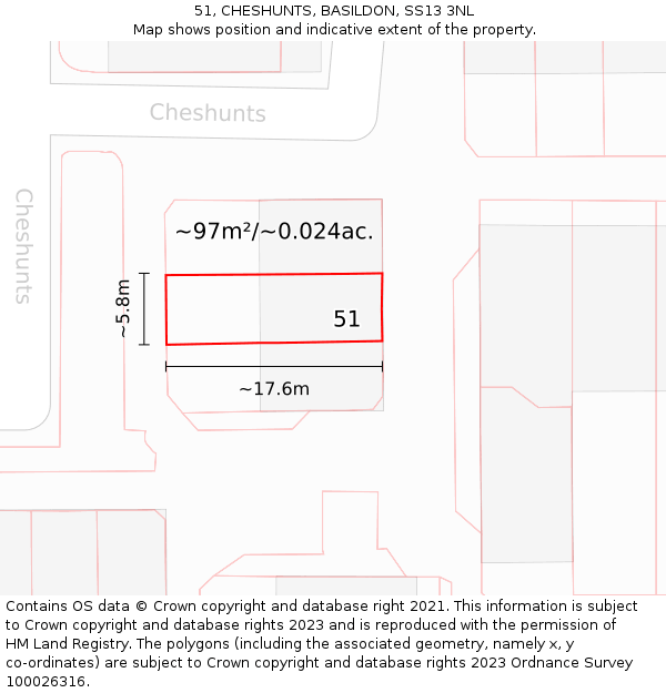 51, CHESHUNTS, BASILDON, SS13 3NL: Plot and title map