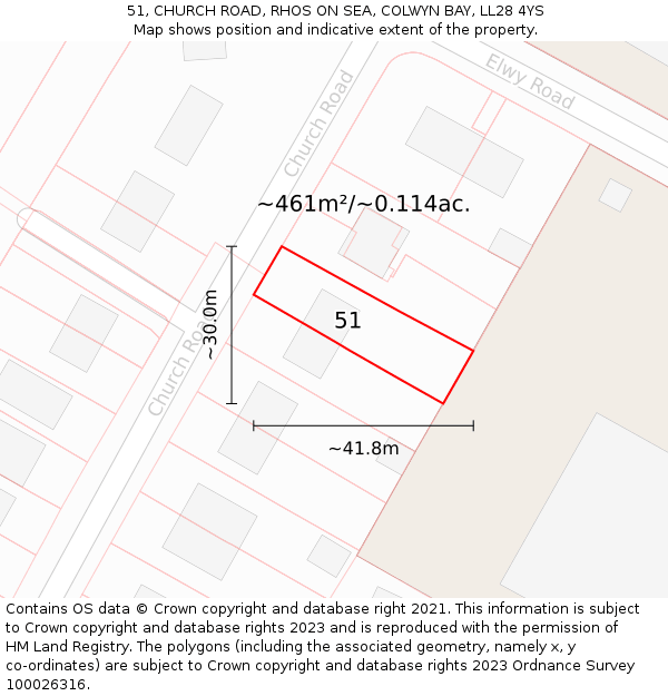 51, CHURCH ROAD, RHOS ON SEA, COLWYN BAY, LL28 4YS: Plot and title map