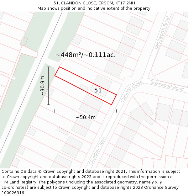 51, CLANDON CLOSE, EPSOM, KT17 2NH: Plot and title map