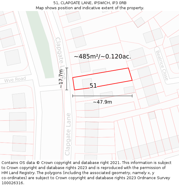 51, CLAPGATE LANE, IPSWICH, IP3 0RB: Plot and title map