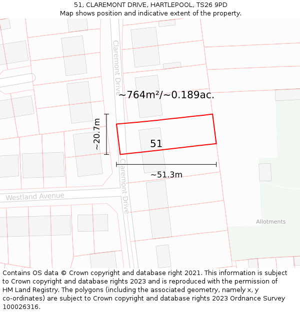 51, CLAREMONT DRIVE, HARTLEPOOL, TS26 9PD: Plot and title map