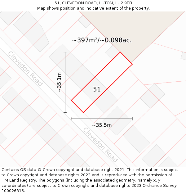 51, CLEVEDON ROAD, LUTON, LU2 9EB: Plot and title map