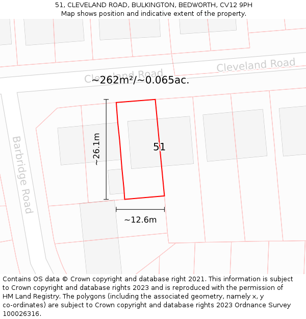 51, CLEVELAND ROAD, BULKINGTON, BEDWORTH, CV12 9PH: Plot and title map