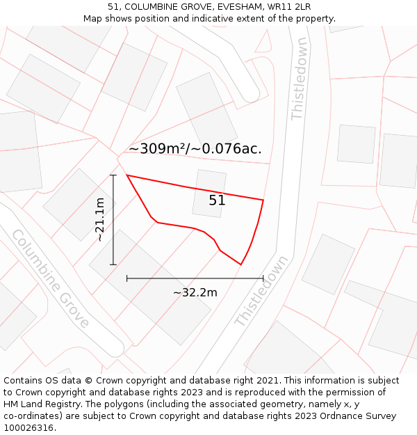 51, COLUMBINE GROVE, EVESHAM, WR11 2LR: Plot and title map