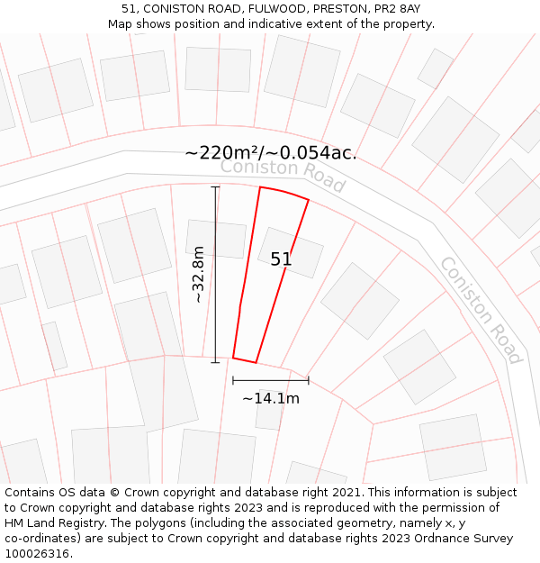 51, CONISTON ROAD, FULWOOD, PRESTON, PR2 8AY: Plot and title map