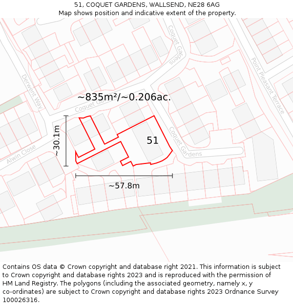 51, COQUET GARDENS, WALLSEND, NE28 6AG: Plot and title map