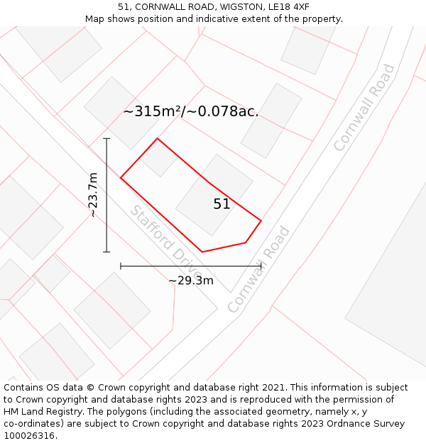 51, CORNWALL ROAD, WIGSTON, LE18 4XF: Plot and title map