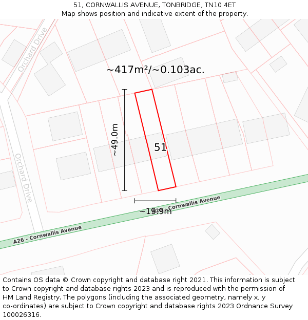 51, CORNWALLIS AVENUE, TONBRIDGE, TN10 4ET: Plot and title map