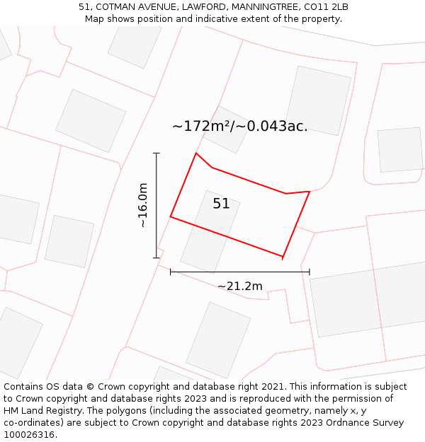 51, COTMAN AVENUE, LAWFORD, MANNINGTREE, CO11 2LB: Plot and title map