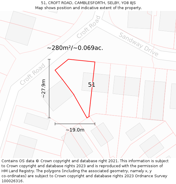 51, CROFT ROAD, CAMBLESFORTH, SELBY, YO8 8JS: Plot and title map