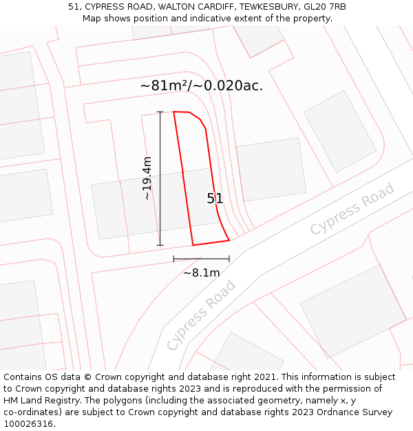 51, CYPRESS ROAD, WALTON CARDIFF, TEWKESBURY, GL20 7RB: Plot and title map
