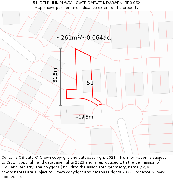 51, DELPHINIUM WAY, LOWER DARWEN, DARWEN, BB3 0SX: Plot and title map