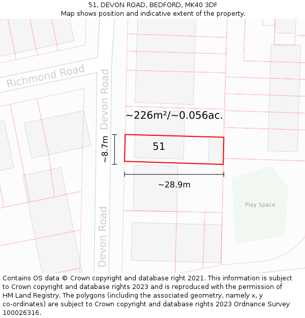 51, DEVON ROAD, BEDFORD, MK40 3DF: Plot and title map