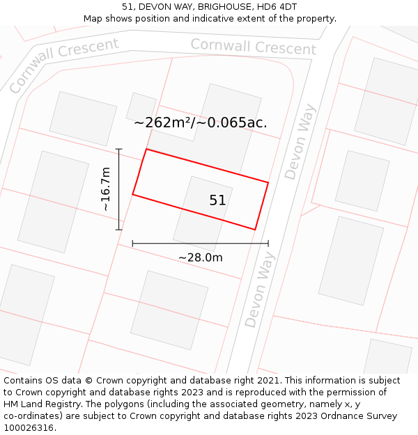 51, DEVON WAY, BRIGHOUSE, HD6 4DT: Plot and title map