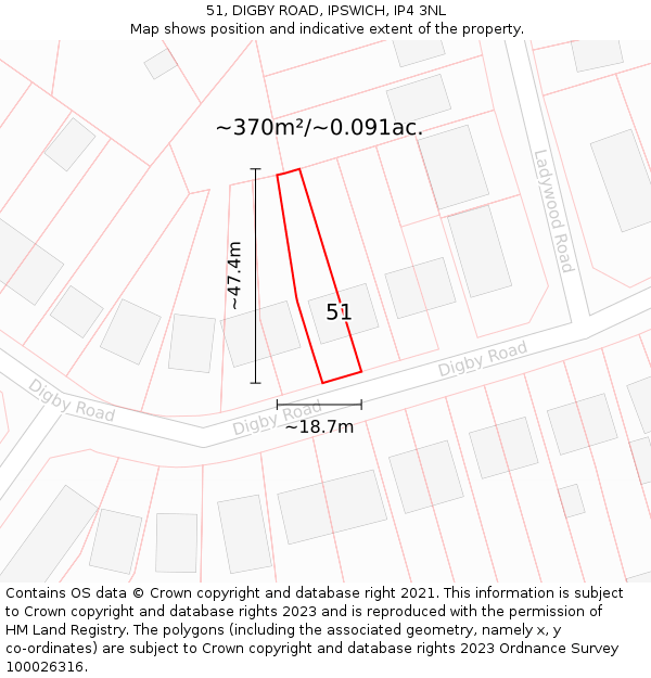 51, DIGBY ROAD, IPSWICH, IP4 3NL: Plot and title map