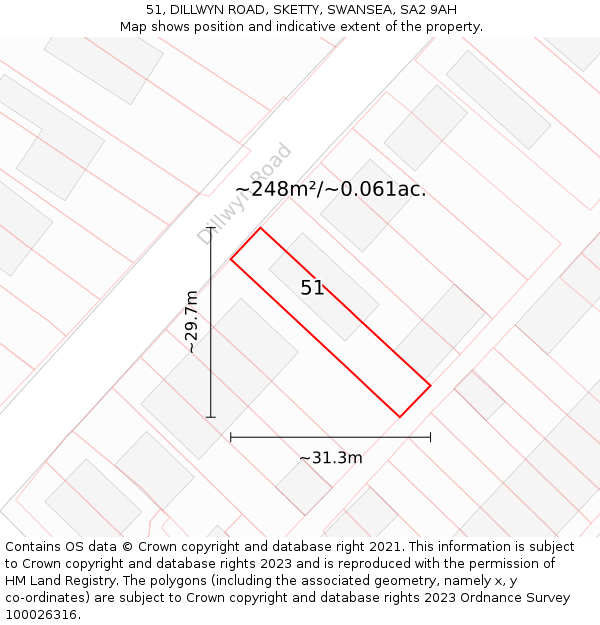 51, DILLWYN ROAD, SKETTY, SWANSEA, SA2 9AH: Plot and title map