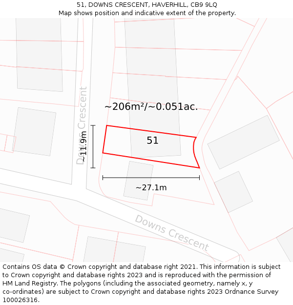51, DOWNS CRESCENT, HAVERHILL, CB9 9LQ: Plot and title map