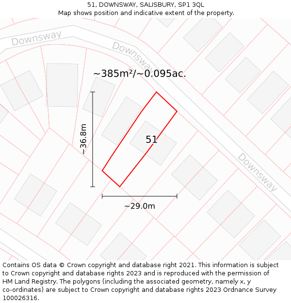 51, DOWNSWAY, SALISBURY, SP1 3QL: Plot and title map