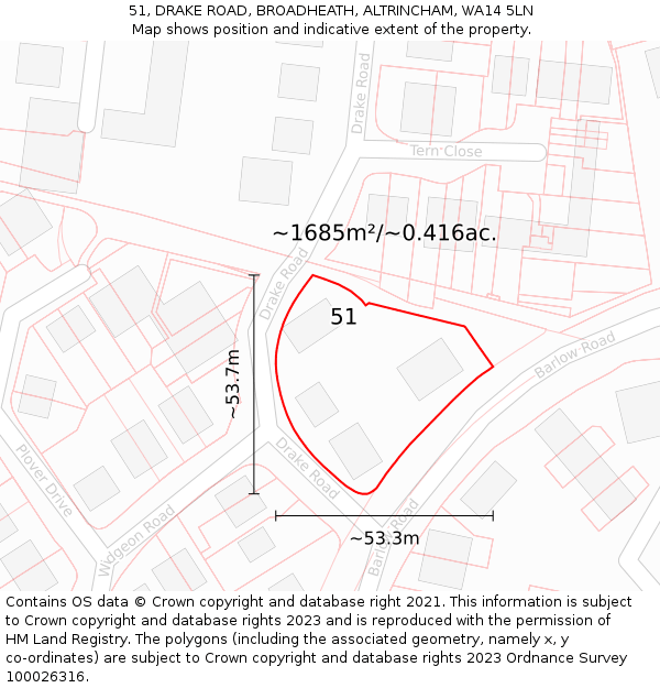 51, DRAKE ROAD, BROADHEATH, ALTRINCHAM, WA14 5LN: Plot and title map