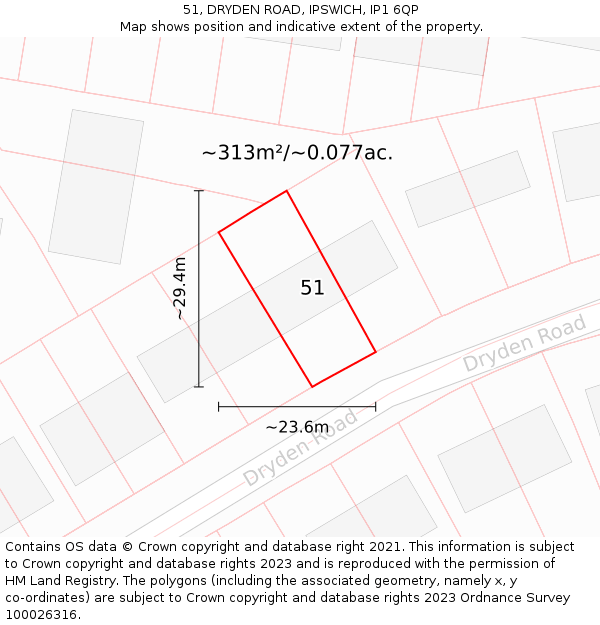 51, DRYDEN ROAD, IPSWICH, IP1 6QP: Plot and title map