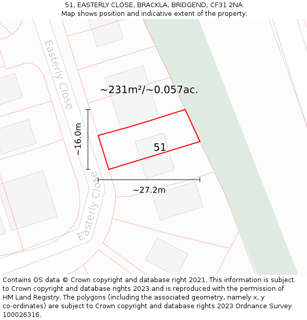 51, EASTERLY CLOSE, BRACKLA, BRIDGEND, CF31 2NA: Plot and title map