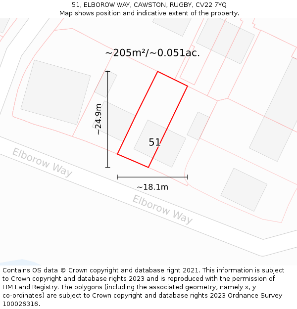 51, ELBOROW WAY, CAWSTON, RUGBY, CV22 7YQ: Plot and title map