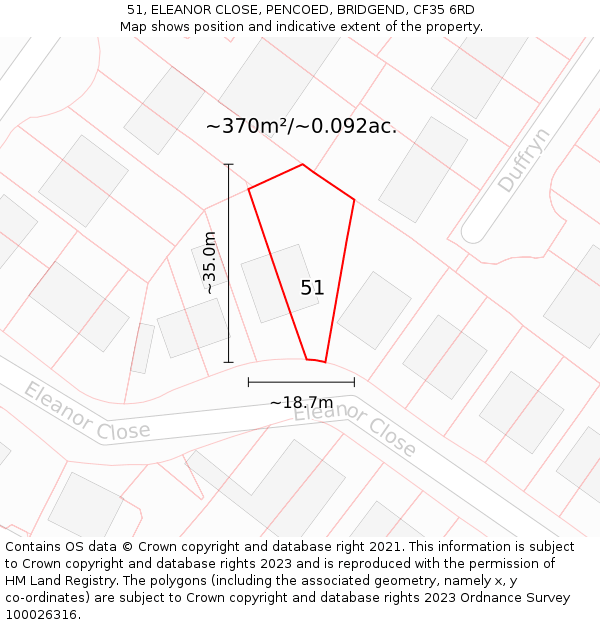 51, ELEANOR CLOSE, PENCOED, BRIDGEND, CF35 6RD: Plot and title map