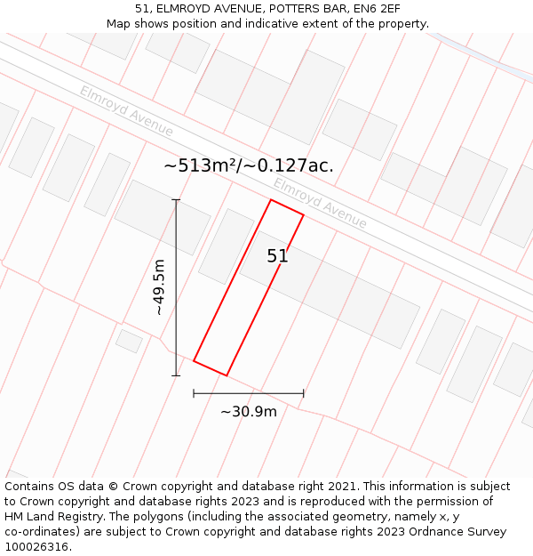 51, ELMROYD AVENUE, POTTERS BAR, EN6 2EF: Plot and title map