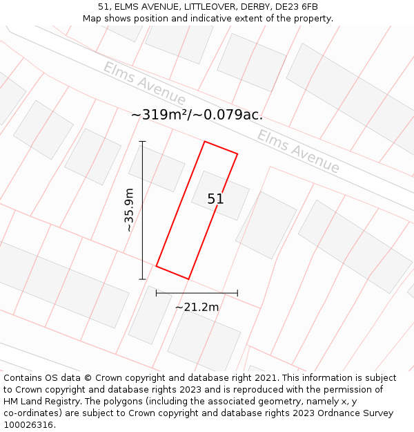 51, ELMS AVENUE, LITTLEOVER, DERBY, DE23 6FB: Plot and title map
