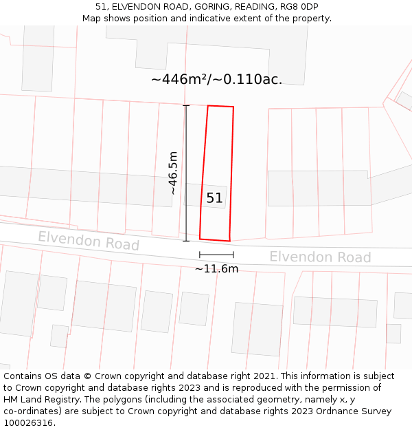 51, ELVENDON ROAD, GORING, READING, RG8 0DP: Plot and title map