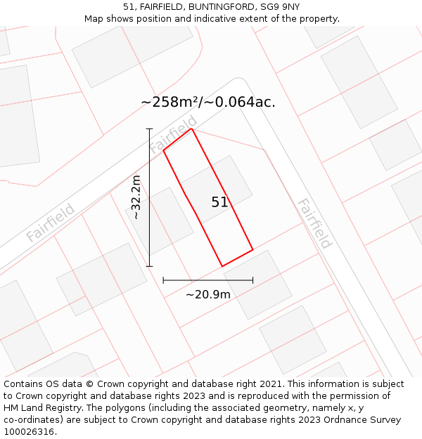 51, FAIRFIELD, BUNTINGFORD, SG9 9NY: Plot and title map