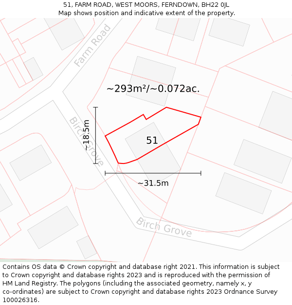 51, FARM ROAD, WEST MOORS, FERNDOWN, BH22 0JL: Plot and title map