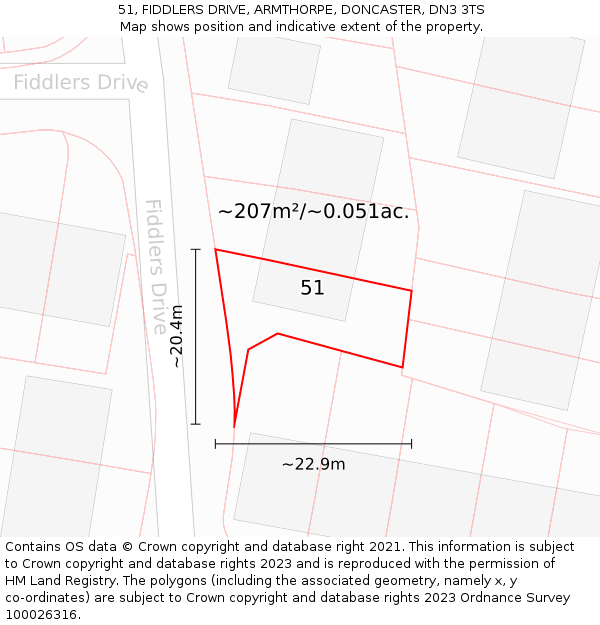 51, FIDDLERS DRIVE, ARMTHORPE, DONCASTER, DN3 3TS: Plot and title map