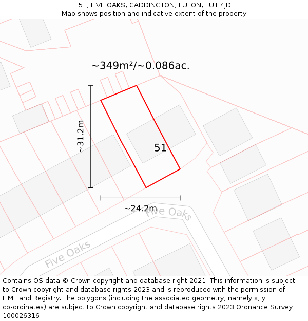 51, FIVE OAKS, CADDINGTON, LUTON, LU1 4JD: Plot and title map