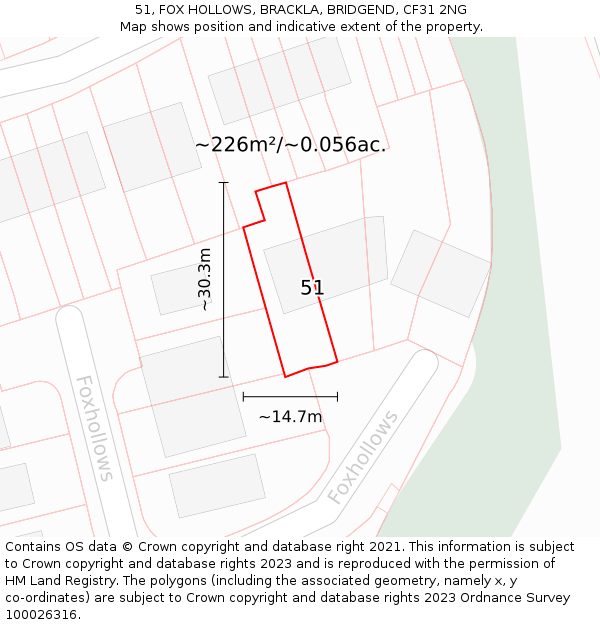 51, FOX HOLLOWS, BRACKLA, BRIDGEND, CF31 2NG: Plot and title map