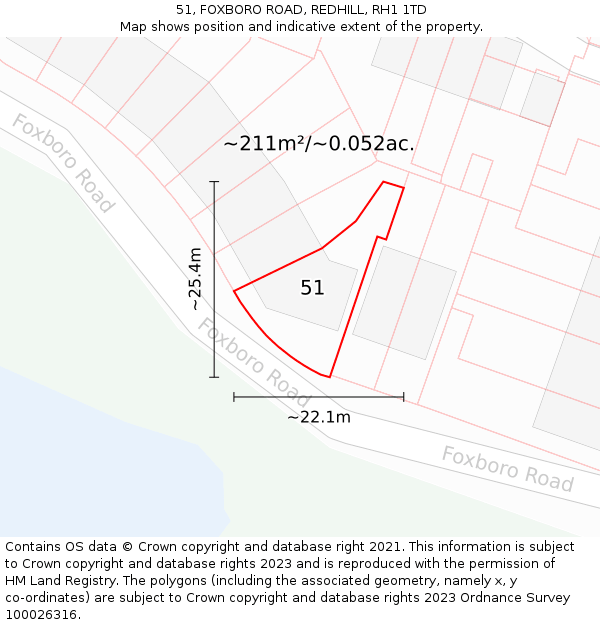 51, FOXBORO ROAD, REDHILL, RH1 1TD: Plot and title map